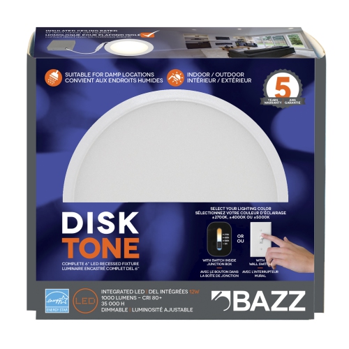 BAZZ Slim Disk Tone 6 in Integrated LED Recessed Fixture Kit Matte White DISK800W