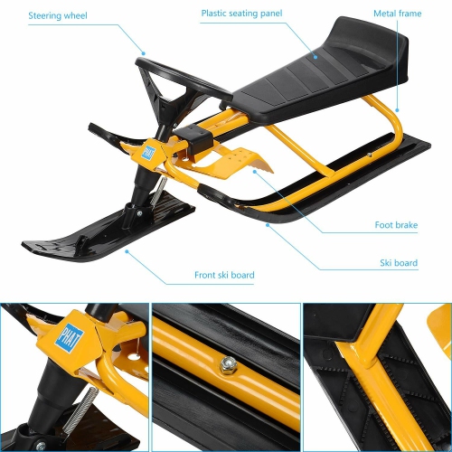 Traîneau de chasse-neige, planche à skis Slider, trottinette en acier durable pour vélo d'hiver Luge extérieure Winter Rush Sledge avec volant et
