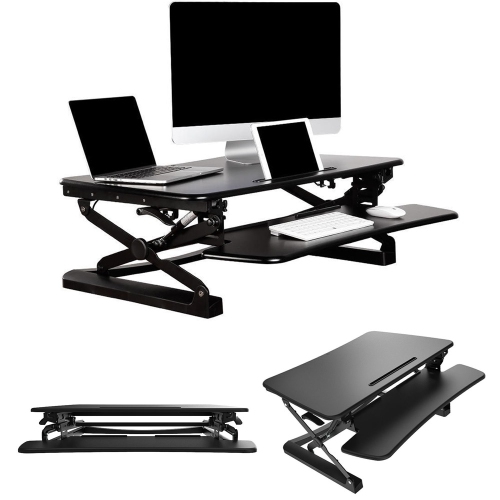 Height Adjustable 35 Inches Sit Stand Desk Converter, Stand up Dual Monitor Desk Riser Laptop Desktop Computer Worksation - Black