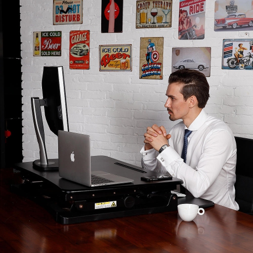 Height Adjustable 35 Inches Sit Stand Desk Converter, Stand up Dual Monitor Desk Riser Laptop Desktop Computer Worksation - Black