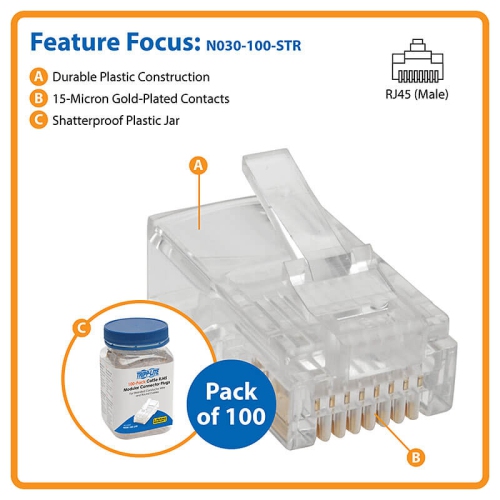 Tripp Lite Cat5e RJ45 Modular Connector for Round Stranded UTP Conductor 4-Pair, 100-Pack -