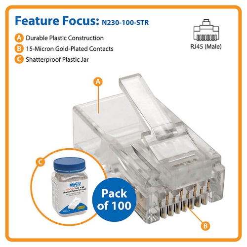 Tripp Lite Cat6 RJ45 Modular Plug for Round Stranded UTP Conductor 4-Pair, 100-Pack -