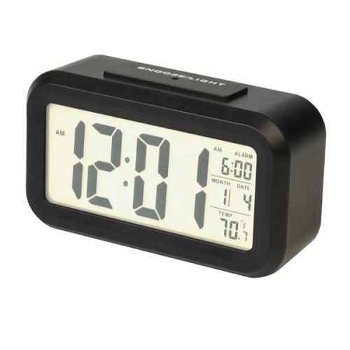 RCA Portable Alarm Clock with Auto Night Light Sensor, Temperature, & Calendar - Black