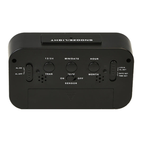 RCA Portable Alarm Clock with Auto Night Light Sensor, Temperature, & Calendar - Black