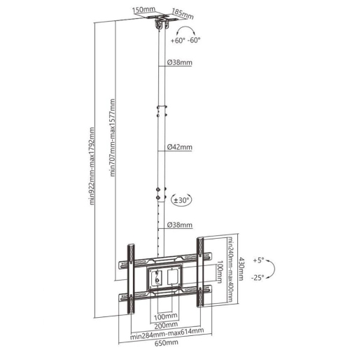 Support de plafond universel pour téléviseur de 37 à 80 po; hauteur réglable; tablette pour téléviseur jusqu'à 110 lb; VESA 600 x 400 mm