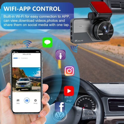 Dash Cam Front and Rear Camera WiFi/APP Control Dashcam with 128GB Card 4K Dash Cam Front 2K Rear Car Camera WDR Super Night Vision Loop Recording