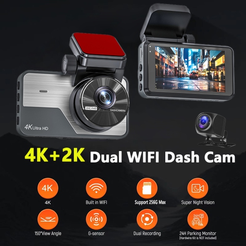 Dash Cam Front and Rear Camera WiFi/APP Control Dashcam with 128GB Card 4K Dash Cam Front 2K Rear Car Camera WDR Super Night Vision Loop Recording