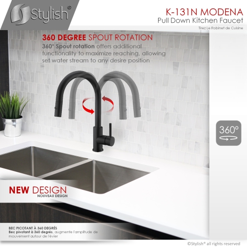 STYLISH Kitchen Sink Faucet Single Handle Pull Down Dual Mode Stainless Steel in Matte Black K-131N