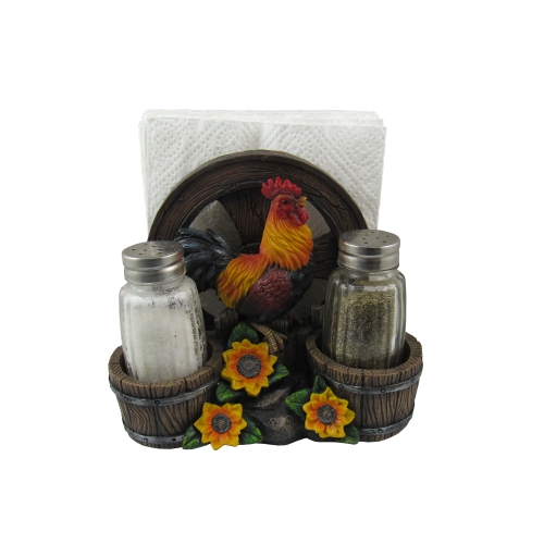 KOZY NICHE  Salt And Pepper Shaker W Napkin Holder (Rooster Country Diner) – 6 In