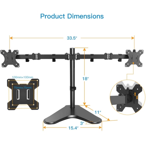 Dual Monitor Stand, Free Standing Height Adjustable 2 Arm Monitor Mount for 13 to 32 Inch LCD Screens with Swivel and Tilt