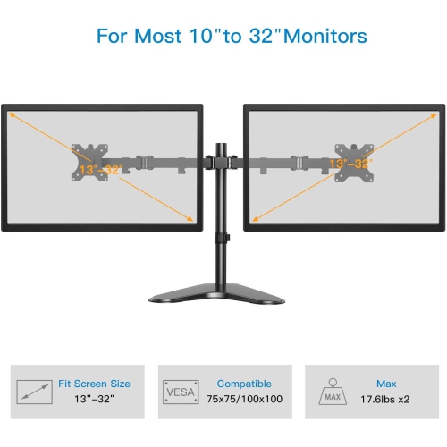 Dual Monitor Stand, Free Standing Height Adjustable 2 Arm Monitor Mount for 13 to 32 Inch LCD Screens with Swivel and Tilt