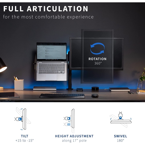 Black Fully Adjustable 13 to 32 inch Single Computer Monitor and Laptop Desk Mount Combo, Stand with Grommet Option, Fits up to 17 inch Laptops