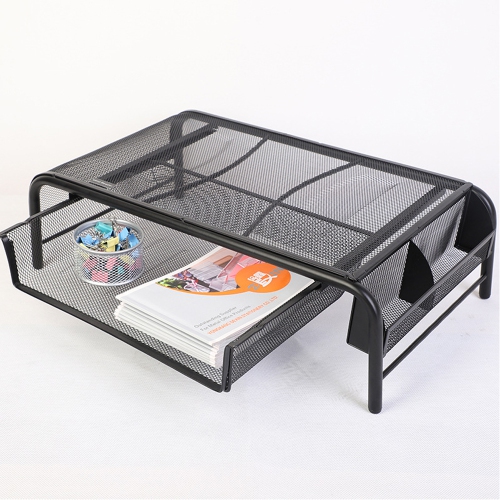 Desk Monitor / Laptop Stand Riser with Pull Out Drawer and Side Compartments to Keep Pencil, Pen, Phone, Calculator, Files, and Other Small