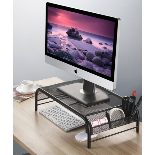 Desk Monitor / Laptop Stand Riser with Pull Out Drawer and Side Compartments to Keep Pencil, Pen, Phone, Calculator, Files, and Other Small