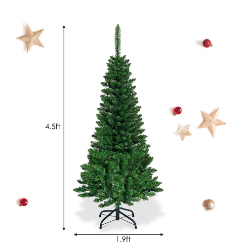 COSTWAY  4.5Ft Pre-Lit Hinged Artificial Fir Pencil Christmas Tree W/150 Multicolor Light