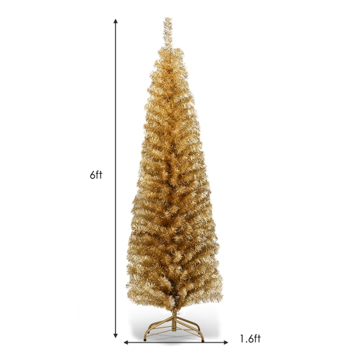 Costway 6FT Tinsel Tree Unlit Slim Pencil Christmas Tree w/Metal Stand Home Decor