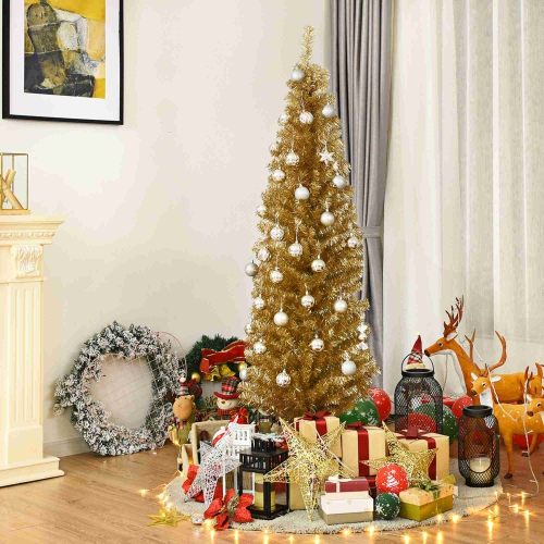 Costway 6FT Tinsel Tree Unlit Slim Pencil Christmas Tree w/Metal Stand Home Decor