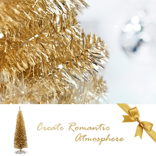 Costway 6FT Tinsel Tree Unlit Slim Pencil Christmas Tree w/Metal Stand Home Decor