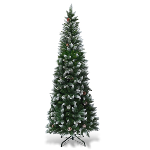 Costway 7.5ft Snow Flocked Unlit Artificial Pencil Christmas Tree Hinged w/ Pine Cones