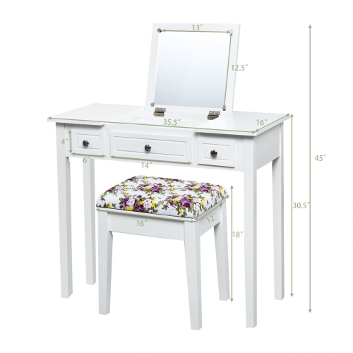 Costway Vanity Dressing Table Set w/Flip Top Mirror 3 Drawers 7 Compartments Makeup Desk