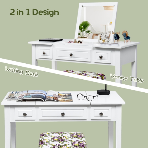 Costway Vanity Dressing Table Set w/Flip Top Mirror 3 Drawers 7 Compartments Makeup Desk