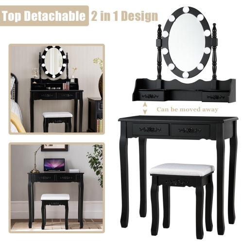 Costway 4 Drawers Vanity Table Dressing Table W/10 Dimmable Bulbs &Touch Switch