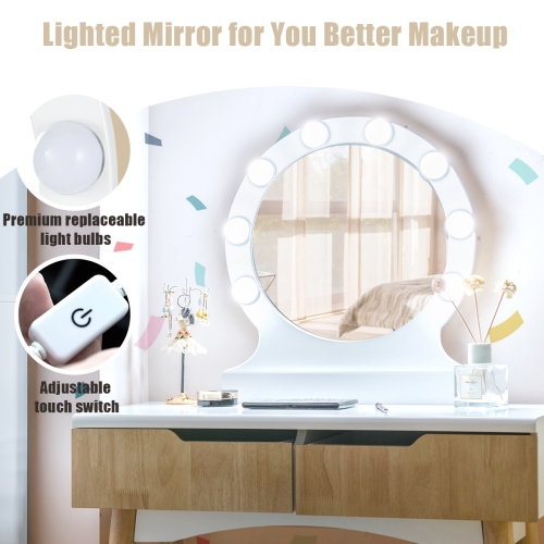 Costway Vanity Makeup Dressing Set w/8 Dimmable Bulbs Lighted Mirror Touch Switch
