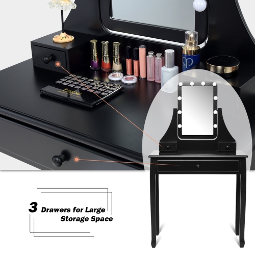 Costway 3 Drawers Vanity Table 10 Dimmable Bulbs Touch Switch Makeup Dressing Desk
