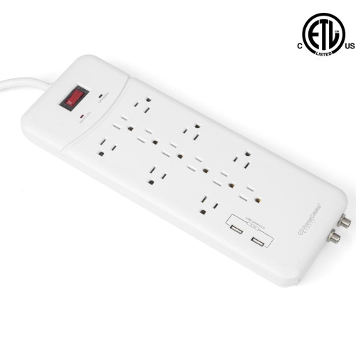 12 Outlets Surge Protector 6FT/2M with 2 Ports USB Charger up to 3.1A Coaxial Breaker - PrimeCables®