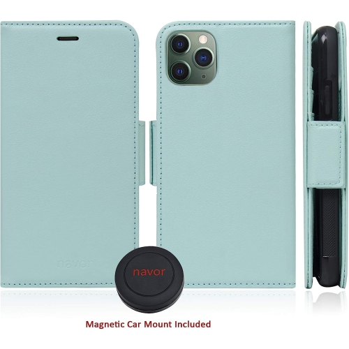Navor Universal Car Mount & Detachable Magnetic Wallet Case with RFID Protection Compatible for iPhone 11 Pro Max [6.5 inch] [Vajio Series] - Mint