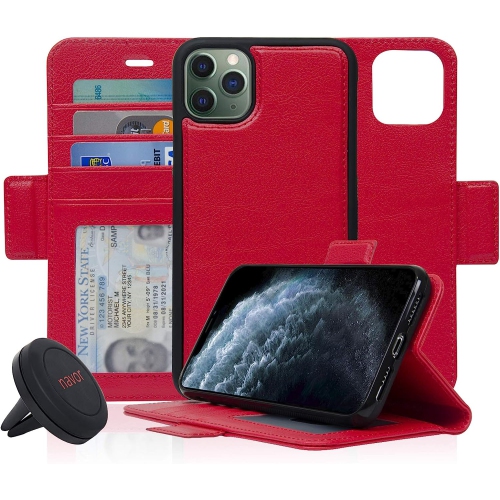 Navor Universal Car Mount & Detachable Magnetic Wallet Case with RFID Protection Compatible for iPhone 11 Pro Max [6.5 inch] [Vajio Series] - Red