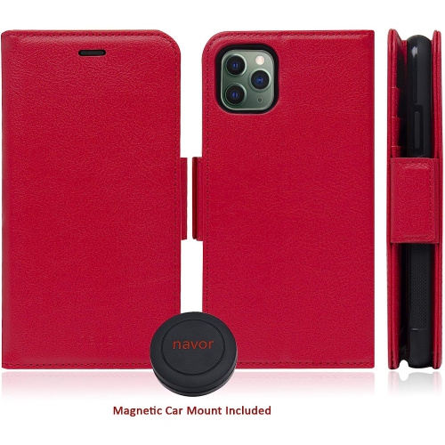 Navor Universal Car Mount & Detachable Magnetic Wallet Case with RFID Protection Compatible for iPhone 11 Pro Max [6.5 inch] [Vajio Series] - Red