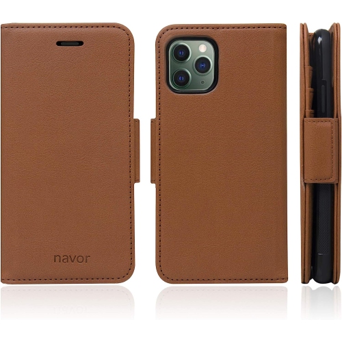 Étui portefeuille magnétique amovible avec protection RFID de Navor compatible avec iPhone 11 Pro Max [6,5 po] [série Vajio] - Brun