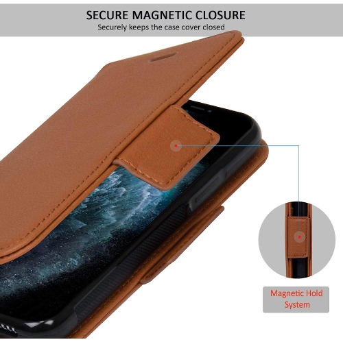 Étui portefeuille magnétique amovible avec protection RFID de Navor compatible avec iPhone 11 Pro Max [6,5 po] [série Vajio] - Brun