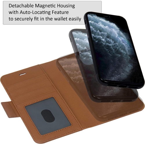 Étui portefeuille magnétique amovible avec protection RFID de Navor compatible avec iPhone 11 Pro Max [6,5 po] [série Vajio] - Brun
