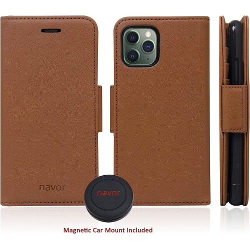 Navor Universal Car Mount & Detachable Magnetic Wallet Case with RFID Protection Compatible for iPhone 11 Pro Max [6.5 inch] [Vajio Series] - Brown