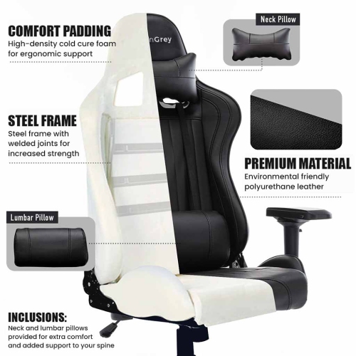MotionGrey Enforcer PRO - Fauteuil de jeu à dossier haut en similicuir PU, hauteur réglable et coussins confortables - Noir S1 - Avec piston classe 4