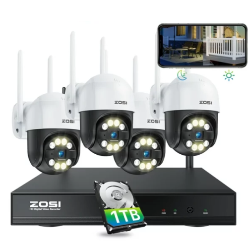 ZOSI 3MP 2K 8CH NVR Home Security Camera System with 1TB HDD, 4pcs 360° PTZ WiFi Surveillance Camera Outdoor Indoor, Auto-Tracking, Color Night Vision