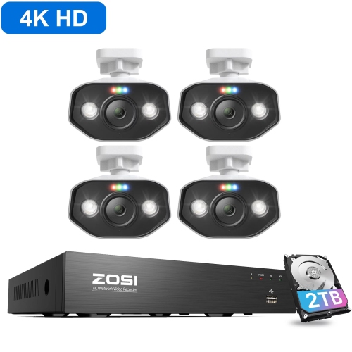 ZOSI  4K 8Ch Poe Nvr Home Security Camera System, 4PCs 8Mp Wired Outdoor Poe Ip Surveillance Cameras \w Spotlight, 2-Way Audio, Human Detection