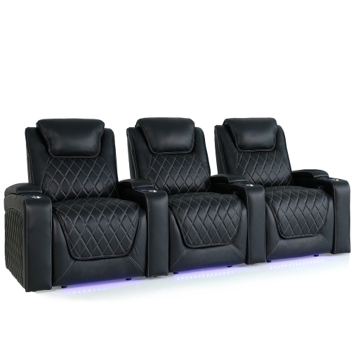 3 sièges inclinables électriques en cuir de surface Oslo de Valencia, appuie-tête électrique, éclairage DEL pour cinéma maison - Noir