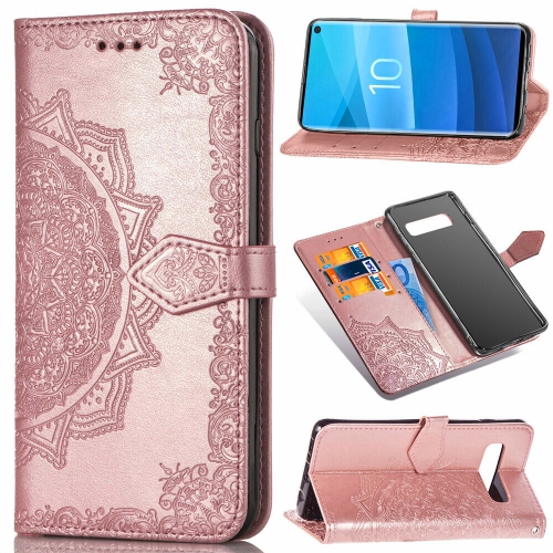 Luxury Embossed Mandala Floral Pattern Premium PU Leather Flip Wallet Case Luxury 3D for SAMSUNG Galaxy S10(Rose Gold)