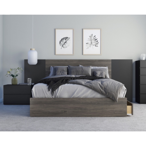 Nexera 4Piece Bedroom Set With Bed Frame, Headboard, Extension Panels & Nightstand, Bark Grey