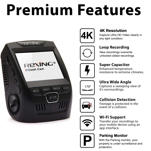 Caméra de tableau de bord Wi-Fi UHD 2.4 po V1-4K de Rexing