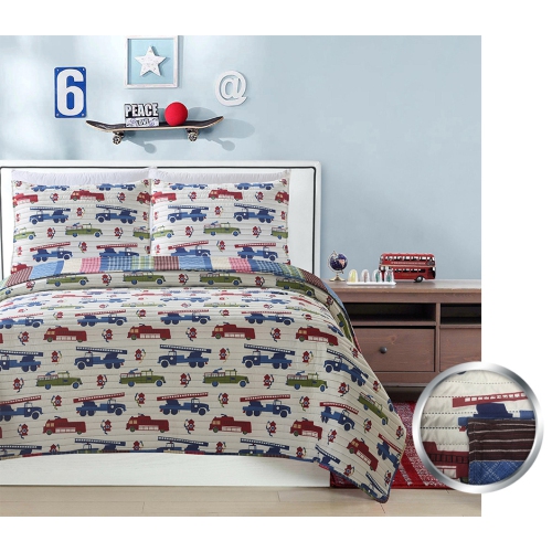 Kids Double Queen Fire Engine Fire Truck Hydrant Printed Quilt Set