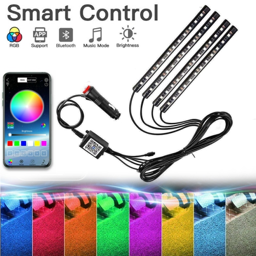 APP Control Bluetooth App Controller Interior Lights Multi Color Music Car Strip Light Under Dash Lighting Kit with for iPhone Android Phone 4pcs 48 LED Multi-Color Car LED Strip Lights 