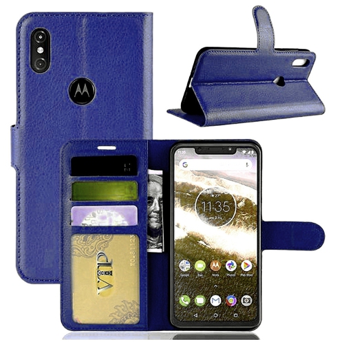 【CSmart】 Magnetic Card Slot Leather Folio Wallet Flip Case Cover for Motorola Moto One Vision, Navy