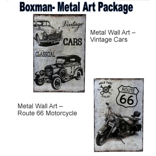 BOXMAN  Metal Wall Art Combo-Dv17553 Vintage Cars & Dv17554 Route 66 Motorcycle