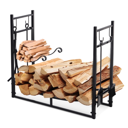 Support de rangement en bois d’Outsunny avec porte-bûches et 4 outils pour l’intérieur en métal noir