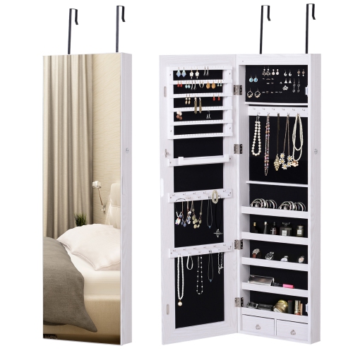 HOMCOM – Armoire à bijoux avec lumières à DEL et 2 clés, range-bijoux mural monté sur porte, miroir pleine longueur verrouillable, gris grain de bois