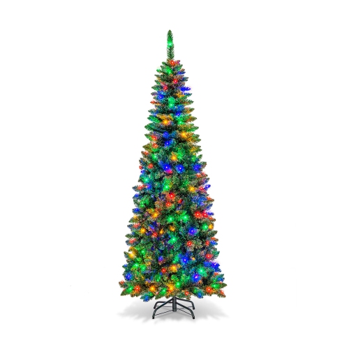 GYMAX  7.5Ft Pre-Lit Pencil Christmas Tree Hinged Pvc Tree W/ 350 Colorful Led Lights